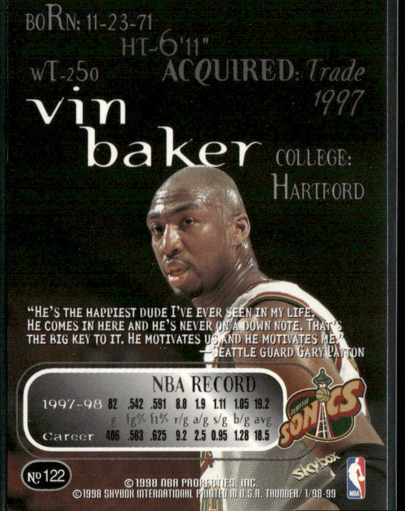 Vin Baker 1998-99 SkyBox Thunder #122 Seattle SuperSonics