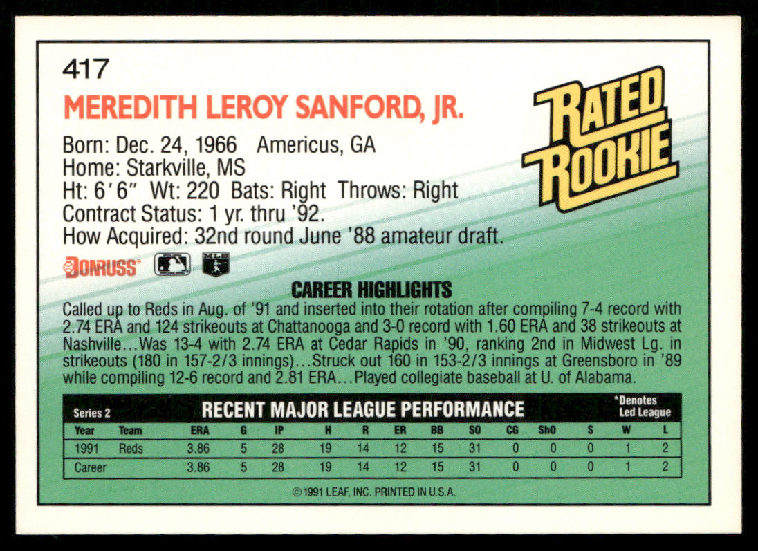 Mo Sanford 1992 Donruss #417 RC Cincinnati Reds