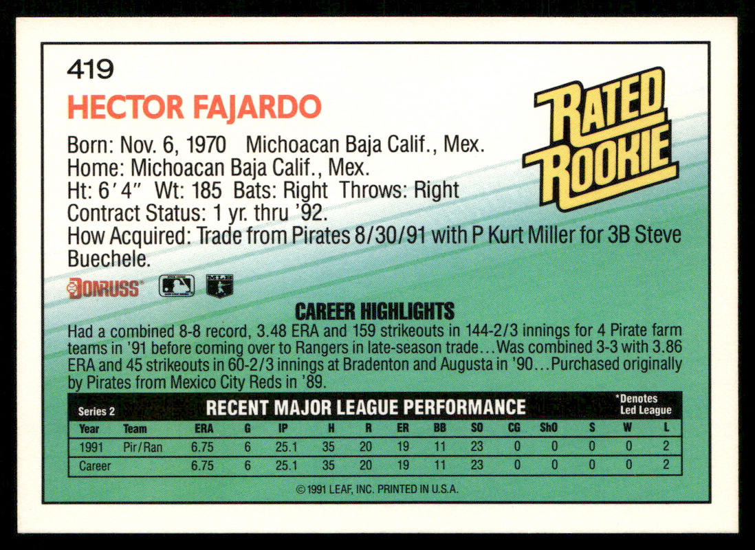 Hector Fajardo 1992 Donruss #419b RC Texas Rangers