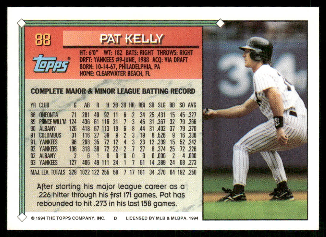 Pat Kelly 1994 Topps #88 New York Yankees