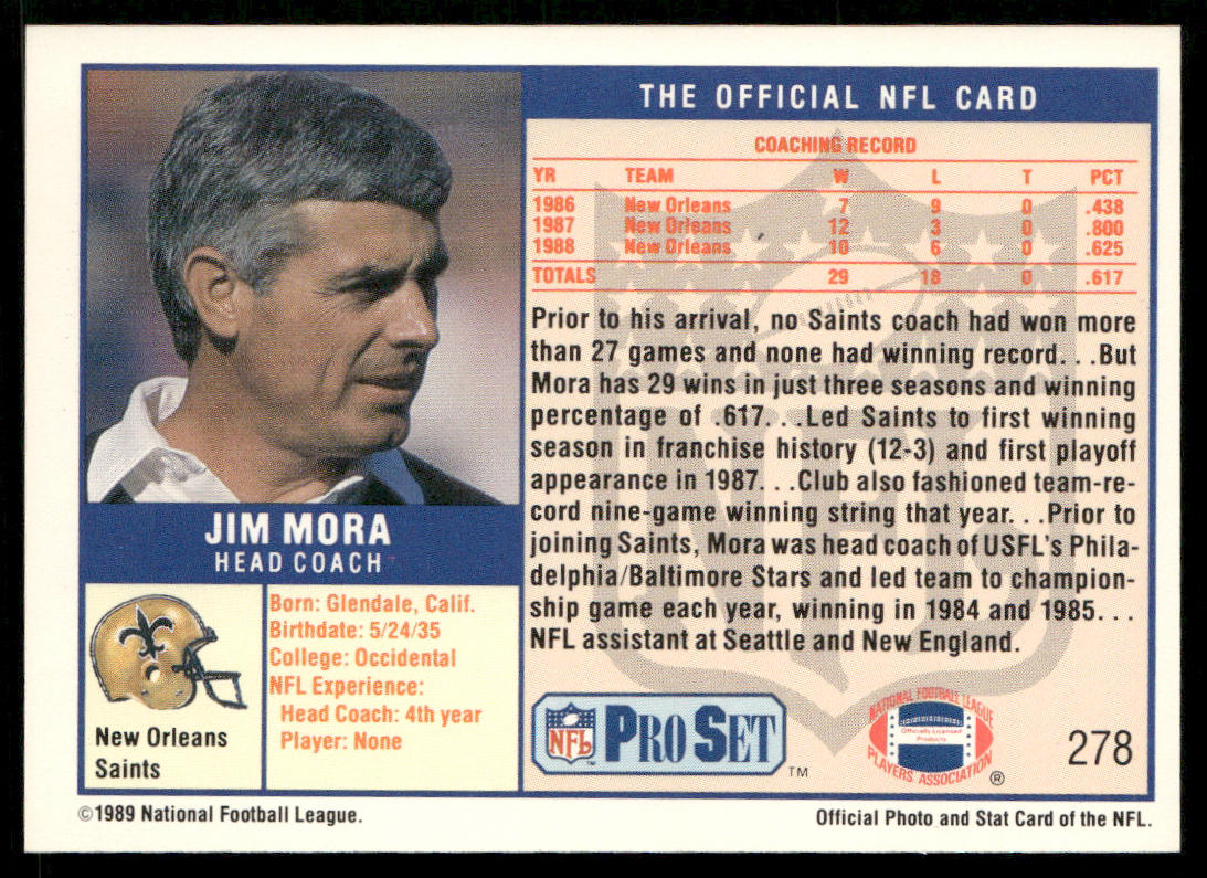 Jim Mora 1989 Pro Set #278 New Orleans Saints