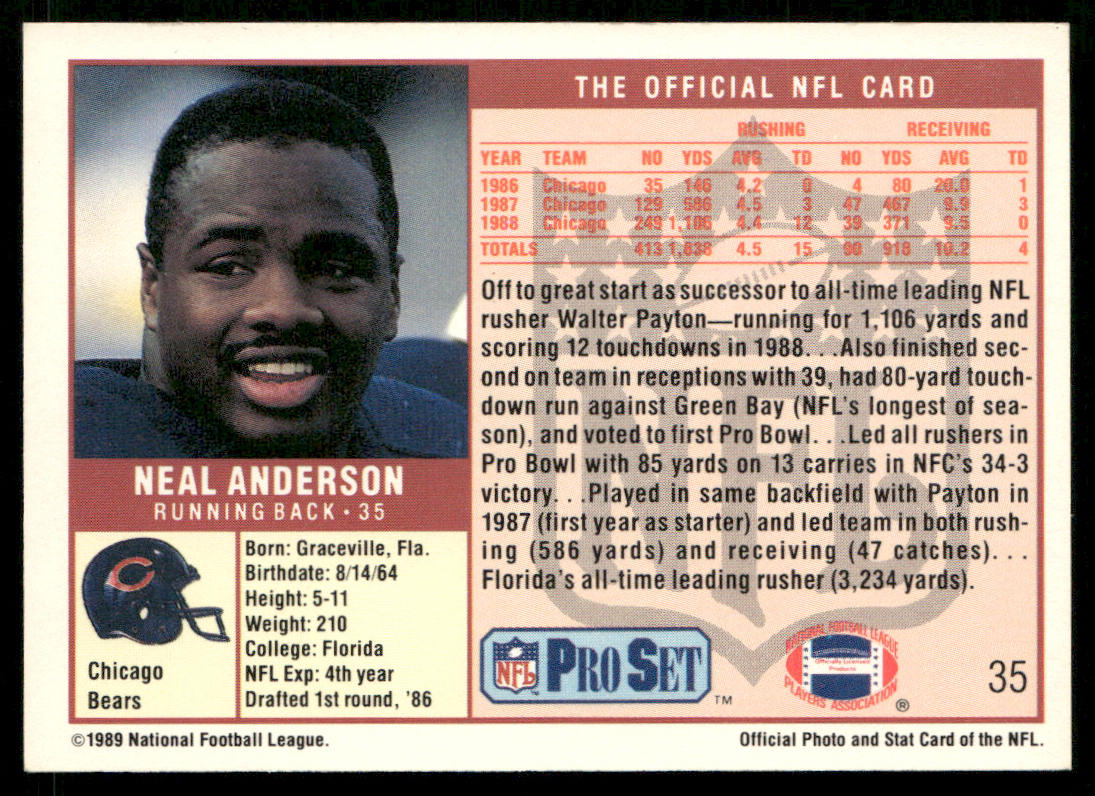 Neal Anderson 1989 Pro Set #35 Chicago Bears