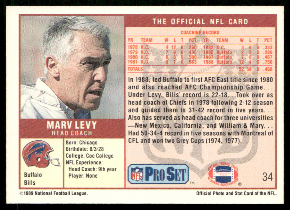 Marv Levy 1989 Pro Set #34 Buffalo Bills