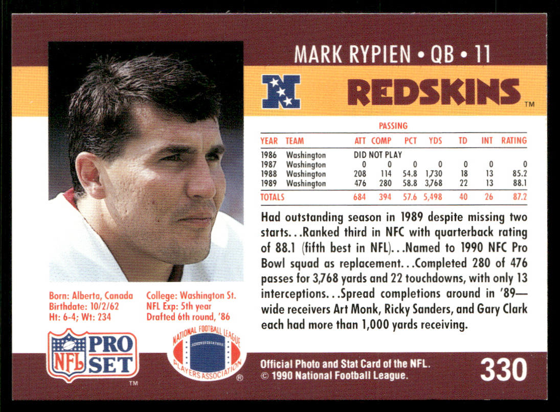 Mark Rypien 1990 Pro Set #330 Washington Redskins