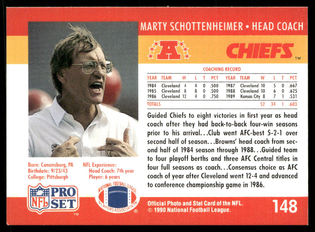Marty Schottenheimer 1990 Pro Set #148 Kansas City Chiefs