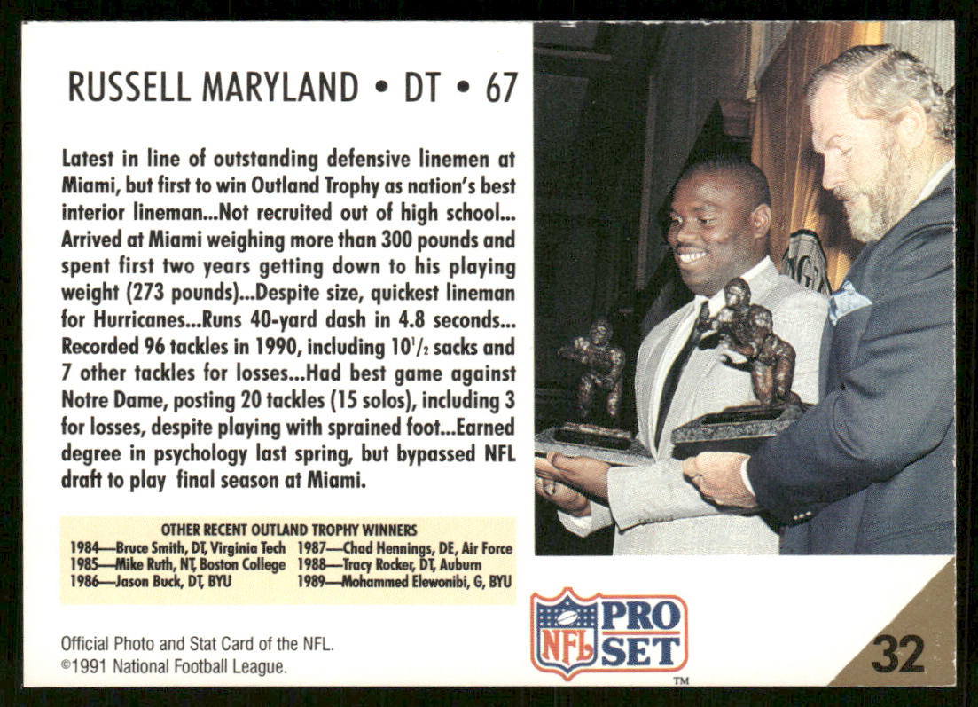 Russell Maryland 1991 Pro Set #32 RC Miami Hurricanes