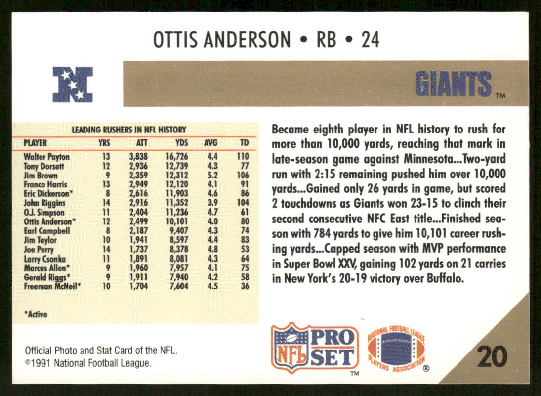 Ottis Anderson 1991 Pro Set #20 New York Giants
