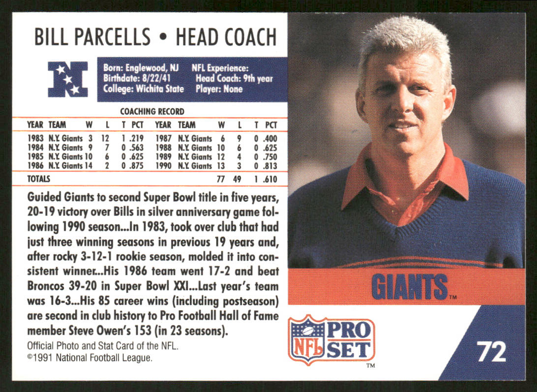 Bill Parcells 1991 Pro Set #72 New York Giants
