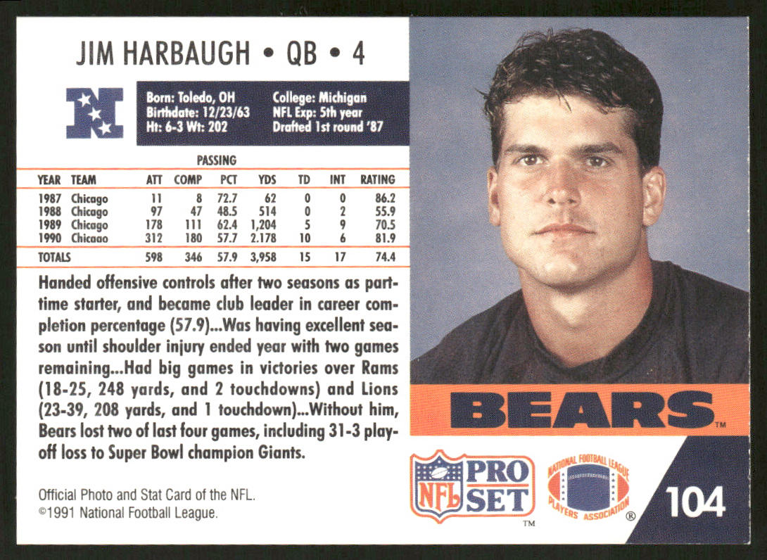 Jim Harbaugh 1991 Pro Set #104 Chicago Bears