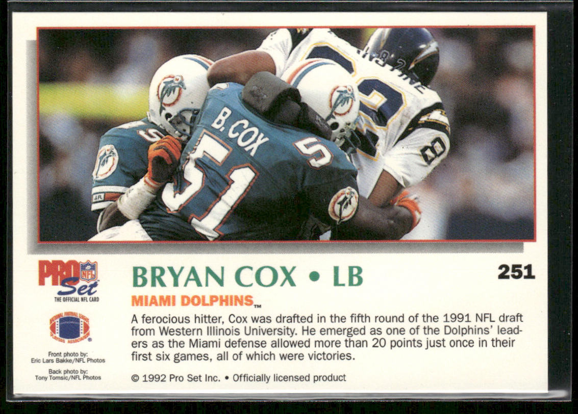 Bryan Cox 1992 Pro Set Power #251 Miami Dolphins