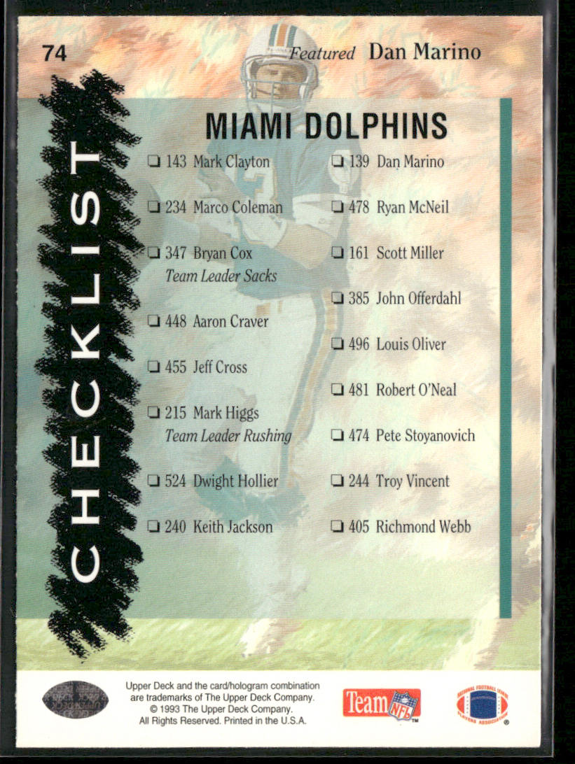 1993 Upper Deck #74 Dolphins Checklist