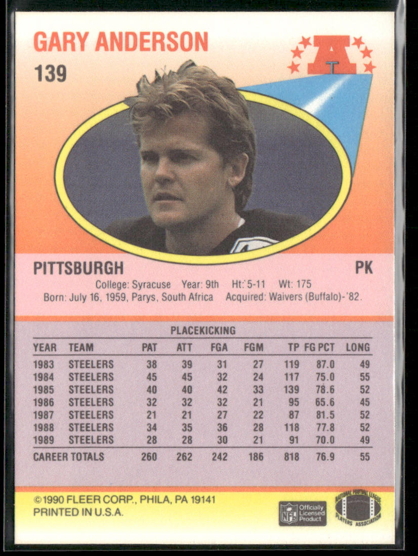 Gary Anderson 1990 Fleer #139 Pittsburgh Steelers