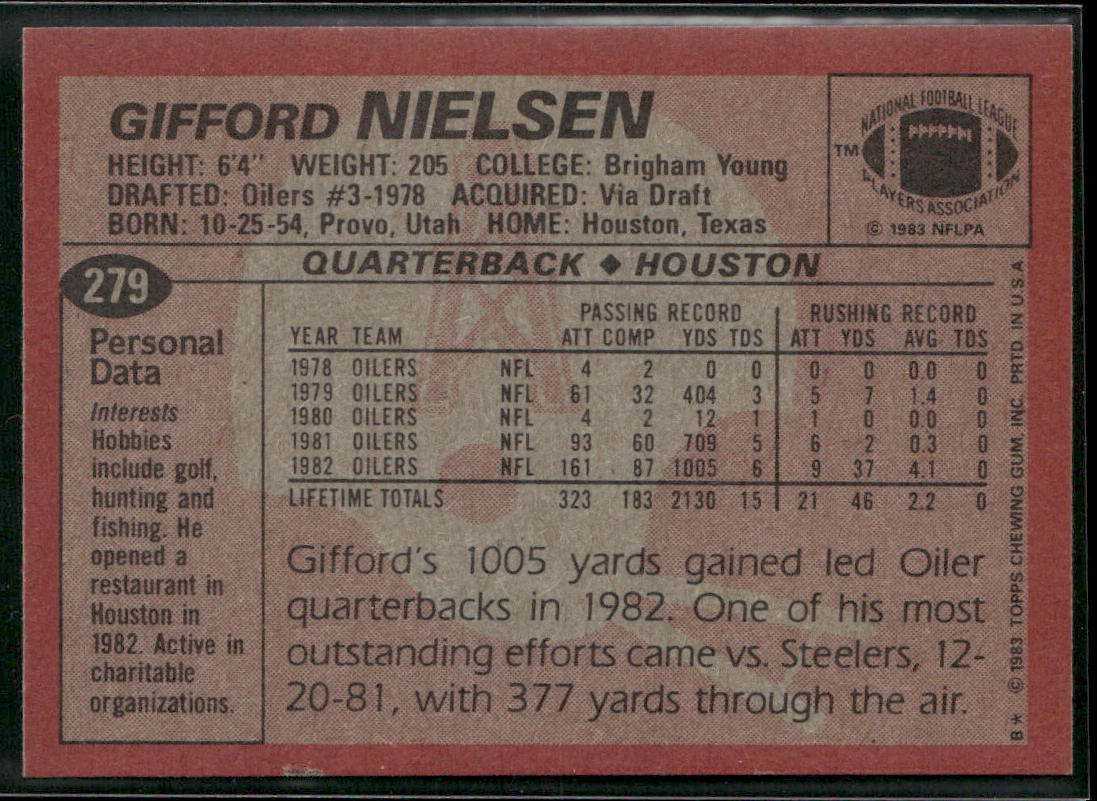 Gifford Nielsen 1983 Topps #279 Houston Oilers