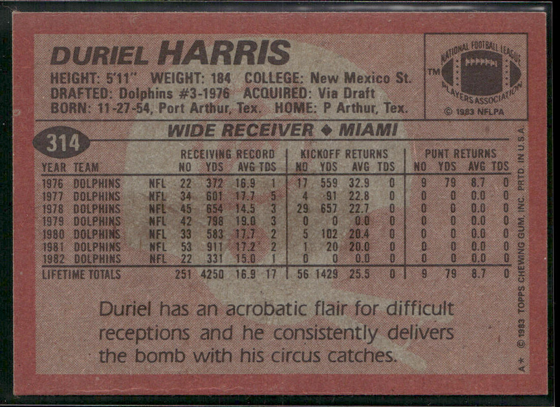 Duriel Harris 1983 Topps #314 Miami Dolphins
