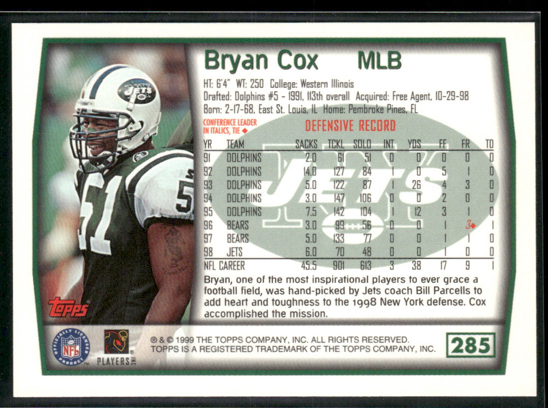 Bryan Cox 1999 Topps #285 New York Jets