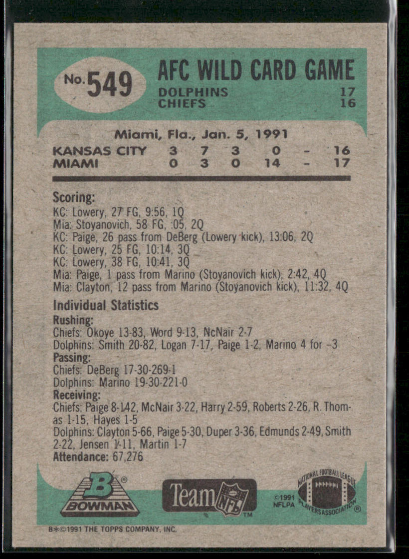 Road to Super Bowl XXV: Dolphins vs. Chiefs 1991 Bowman #549a