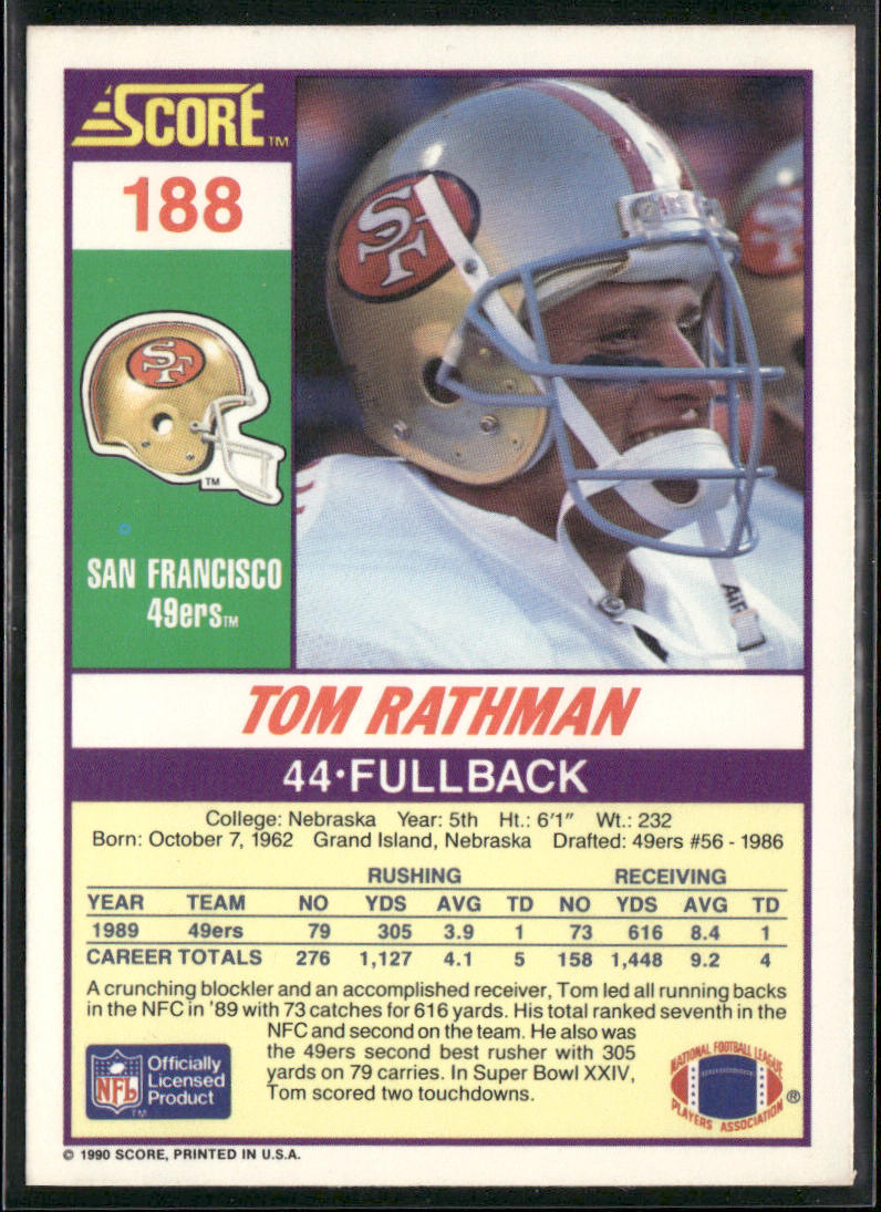 Tom Rathman 1990 Score #188 San Francisco 49ers