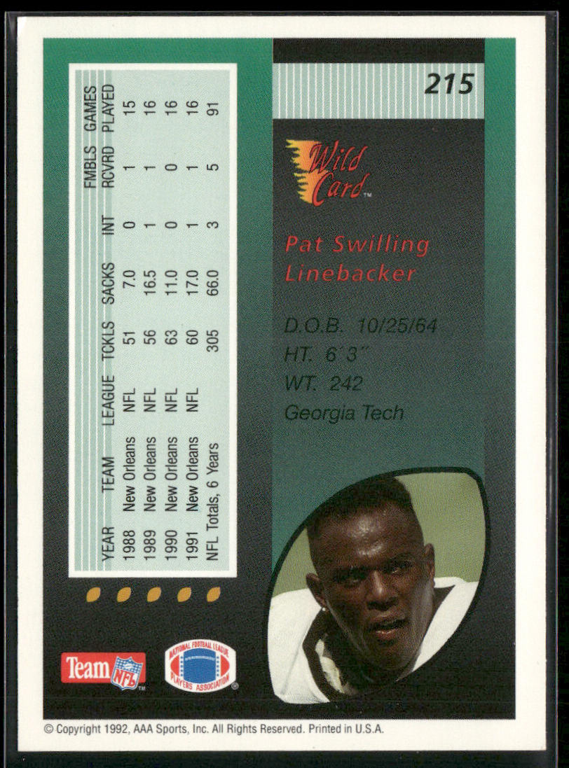 Pat Swilling 1992 Wild Card #215 New Orleans Saints