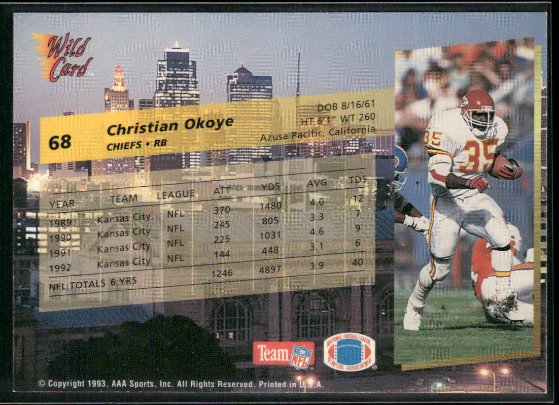 Christian Okoye 1993 Wild Card #68 Kansas City Chiefs