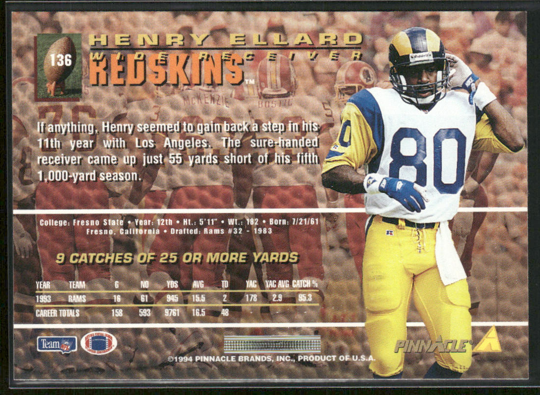 Henry Ellard 1994 Pinnacle #136 Washington Redskins