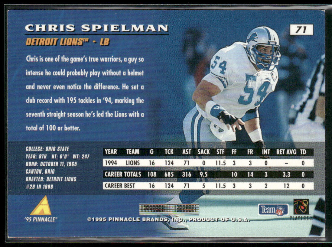 Chris Spielman 1995 Pinnacle #71 Detroit Lions