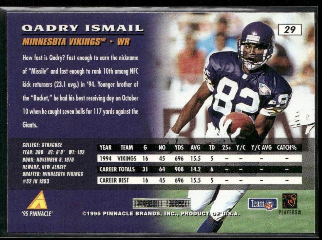 Qadry Ismail 1995 Pinnacle #29 Minnesota Vikings