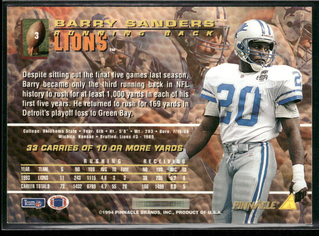 Barry Sanders 1994 Pinnacle #3 Detroit Lions