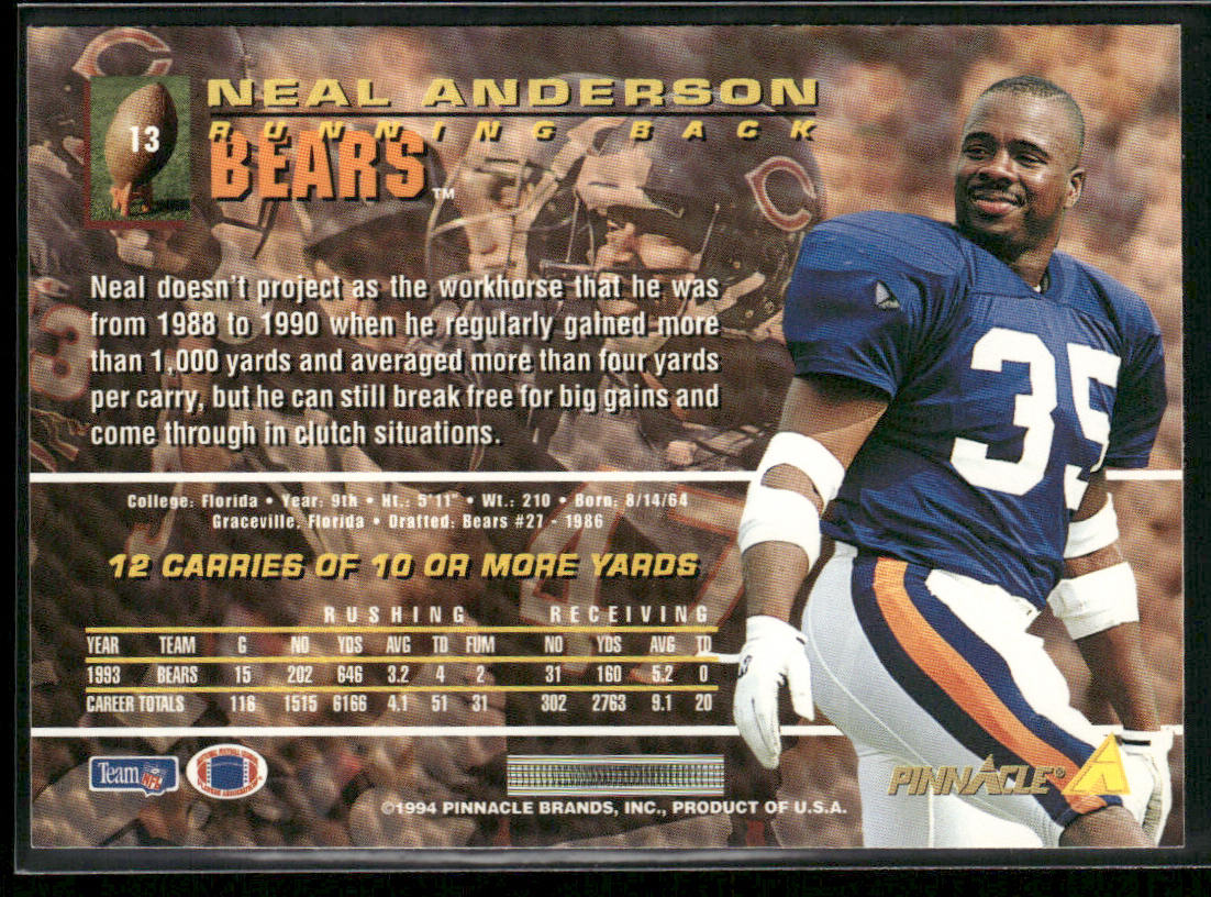 Neal Anderson 1994 Pinnacle #13 Chicago Bears