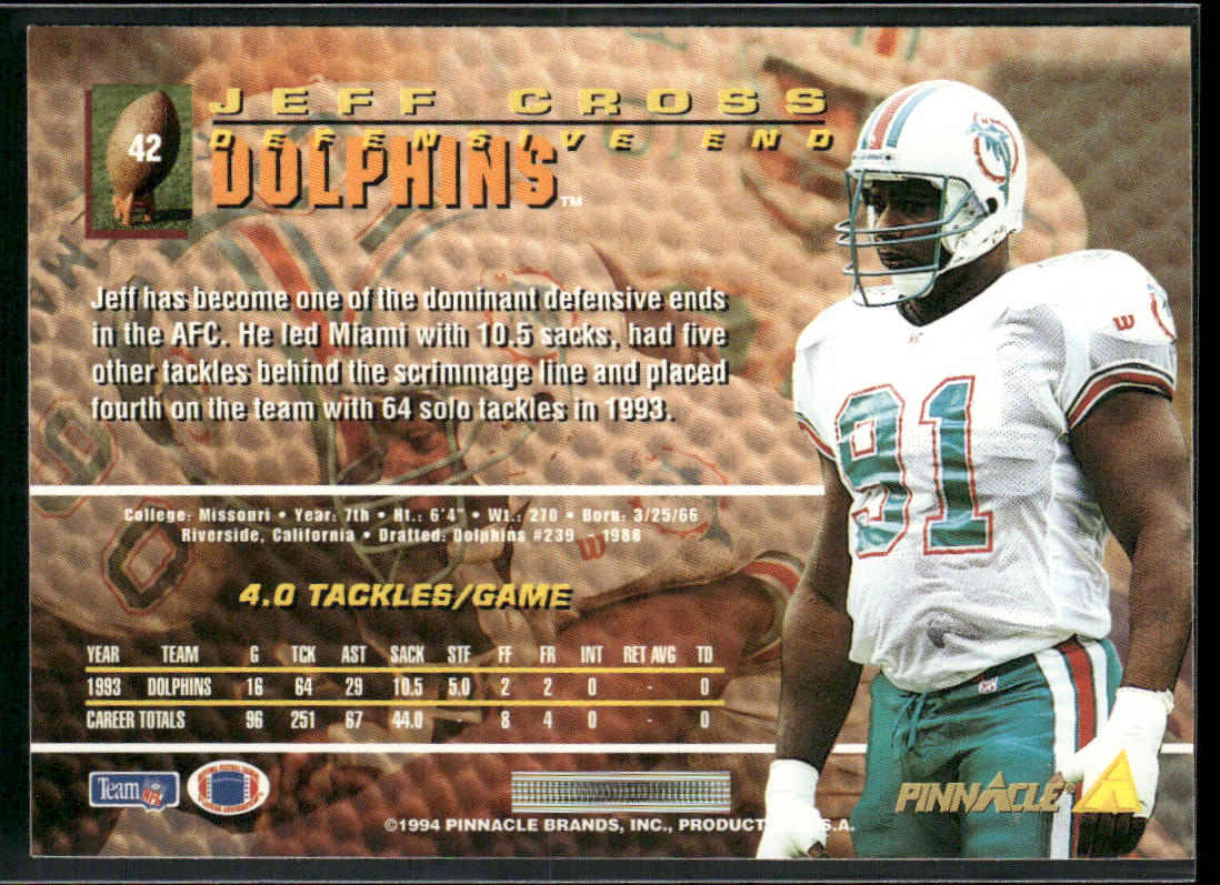 Jeff Cross 1994 Pinnacle #42 Miami Dolphins