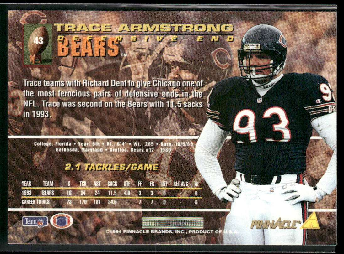 Trace Armstrong 1994 Pinnacle #43 Chicago Bears