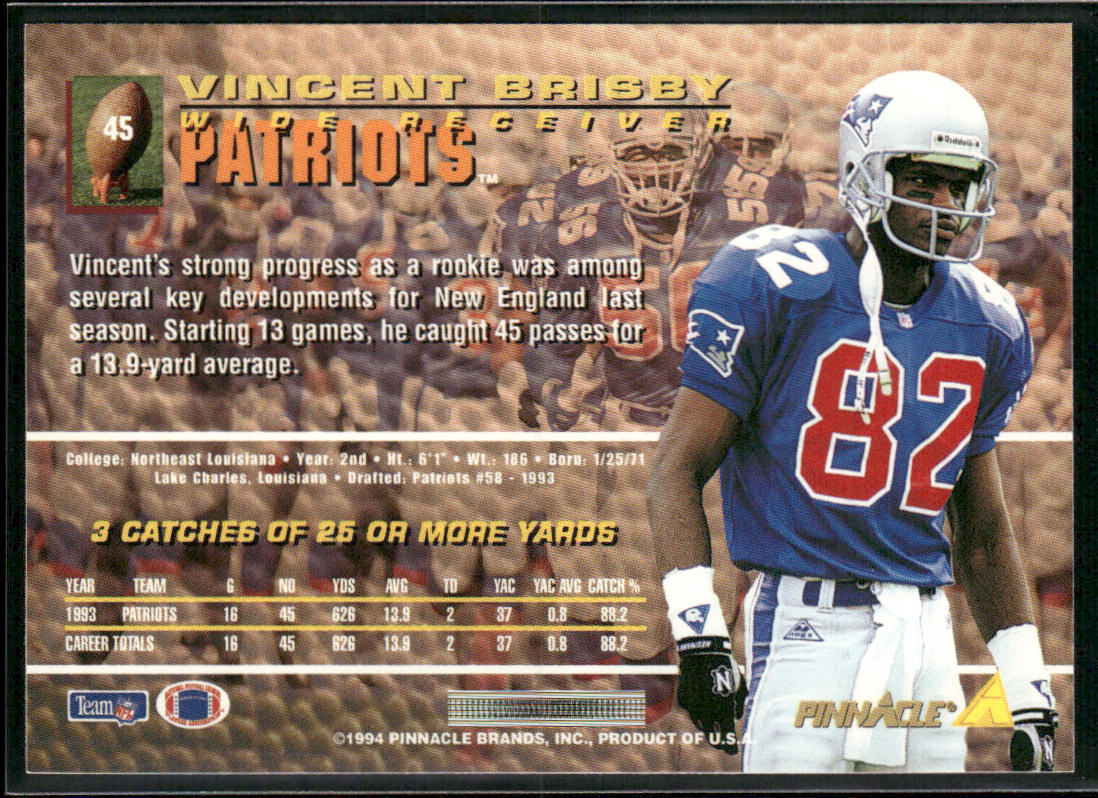 Vincent Brisby 1994 Pinnacle #45 New England Patriots