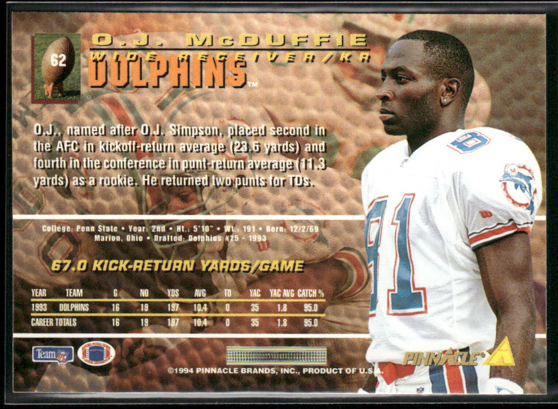 O.J. McDuffie 1994 Pinnacle #62 Miami Dolphins