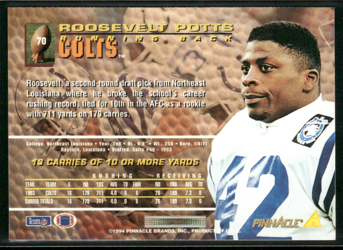 Roosevelt Potts 1994 Pinnacle #70 Indianapolis Colts