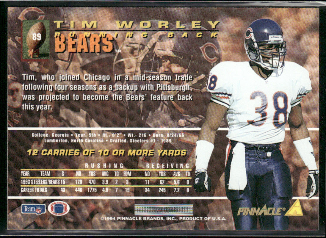 Tim Worley 1994 Pinnacle #89 Chicago Bears