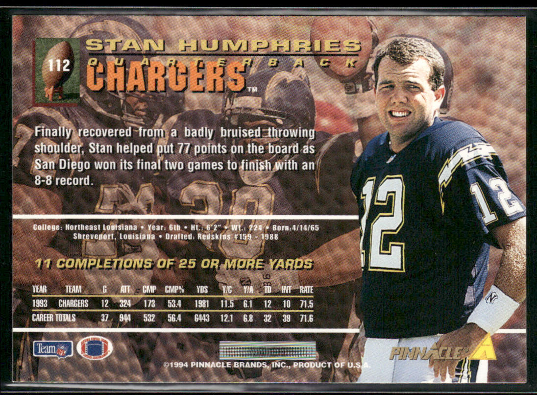 Stan Humphries 1994 Pinnacle #112 San Diego Chargers