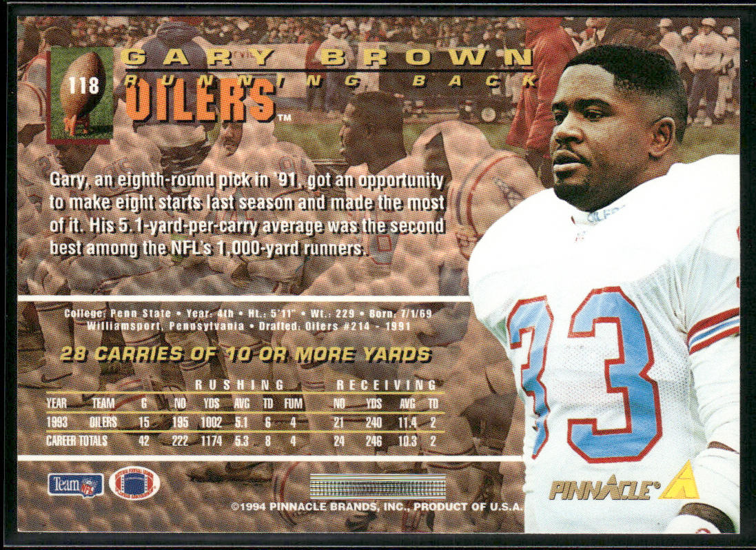 Gary Brown 1994 Pinnacle #118 Houston Oilers
