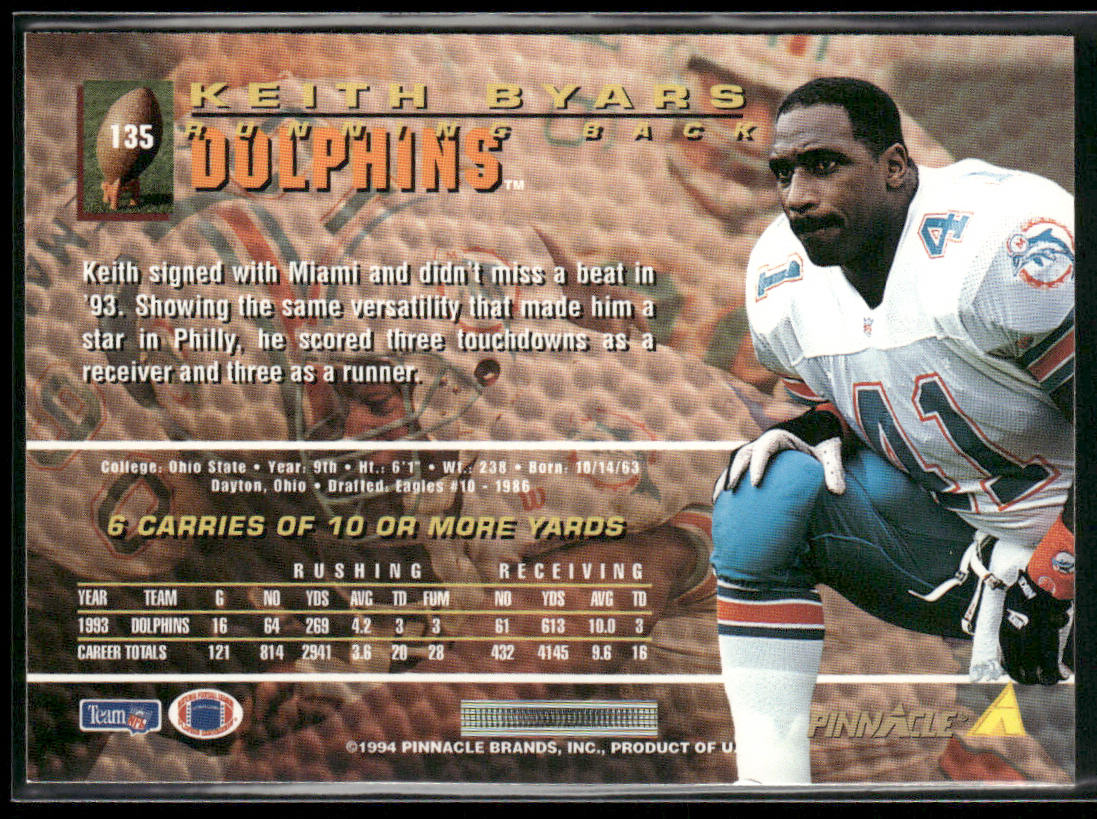 Keith Byars 1994 Pinnacle #135 Miami Dolphins