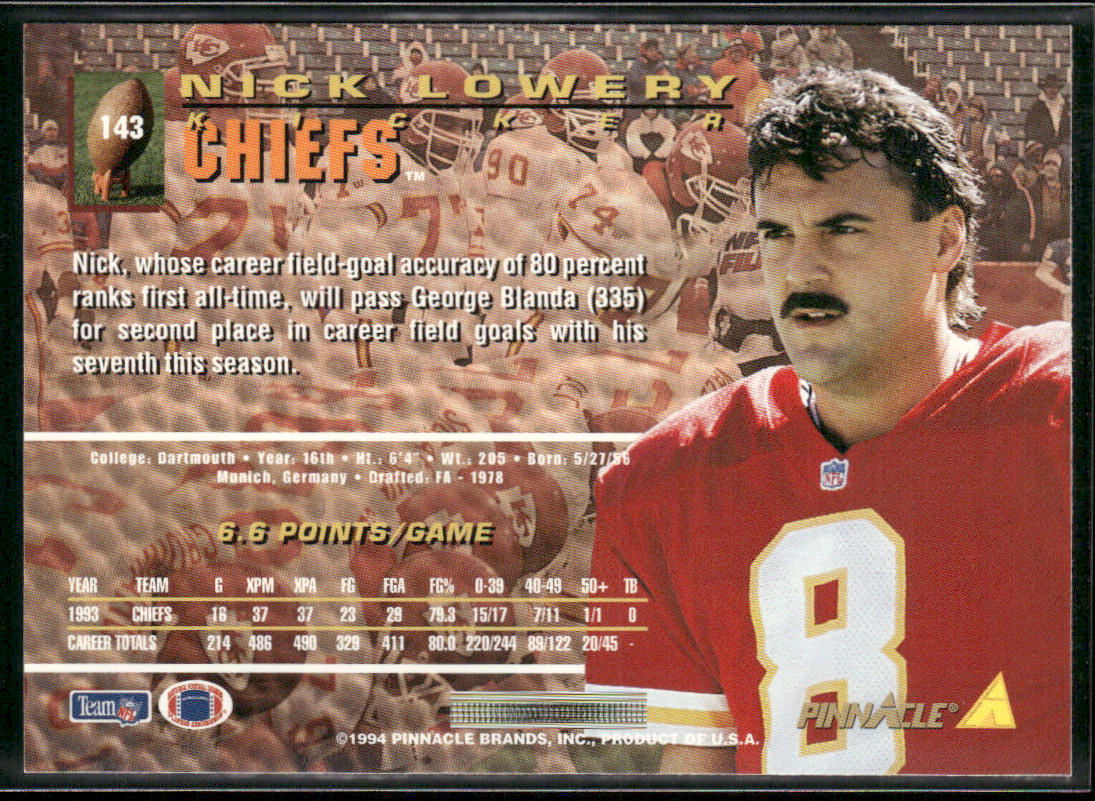 Nick Lowery 1994 Pinnacle #143 Kansas City Chiefs
