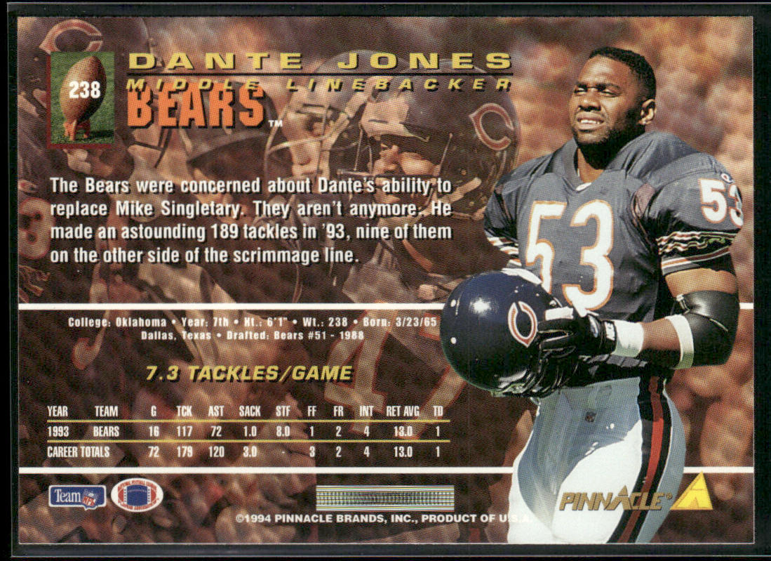 Dante Jones 1994 Pinnacle #238 Chicago Bears