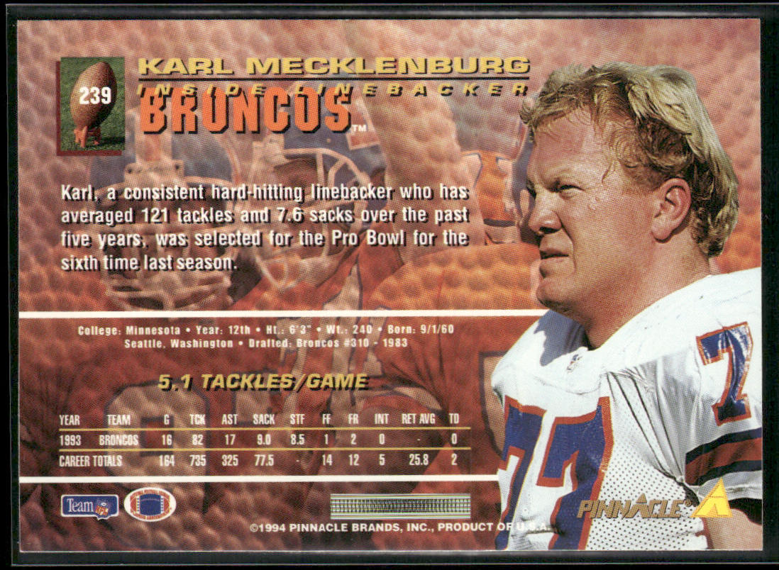 Karl Mecklenburg 1994 Pinnacle #239 Denver Broncos