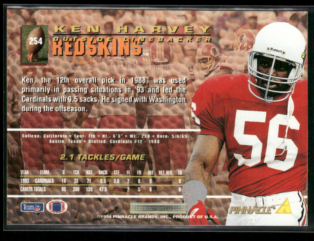 Ken Harvey 1994 Pinnacle #254 Washington Redskins