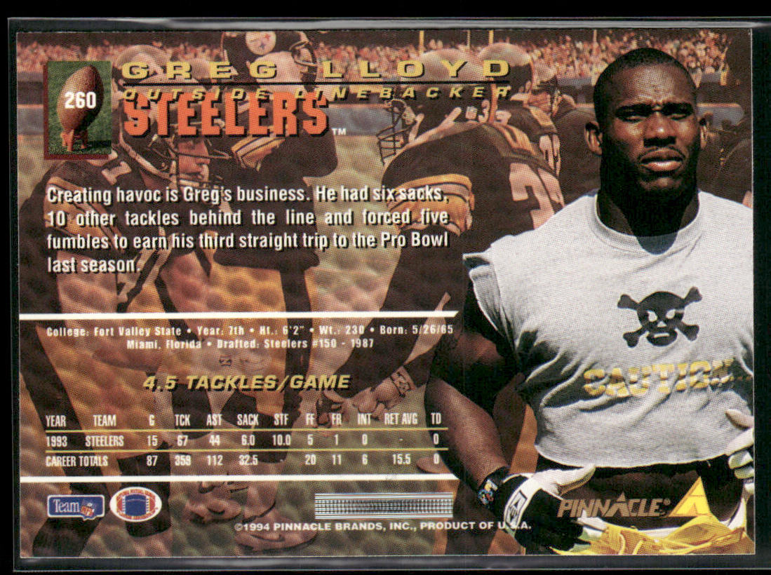Greg Lloyd 1994 Pinnacle #260 Pittsburgh Steelers