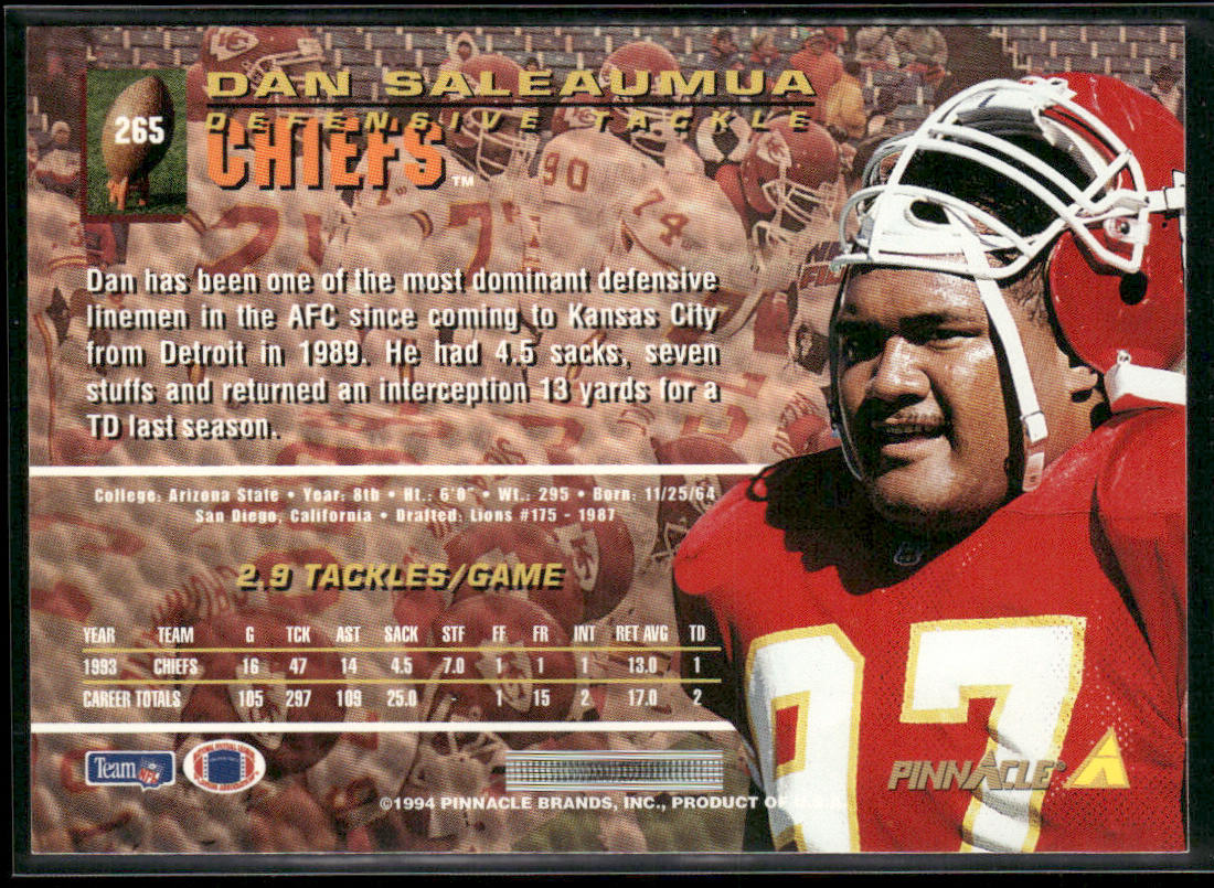 Dan Saleaumua 1994 Pinnacle #265 Kansas City Chiefs