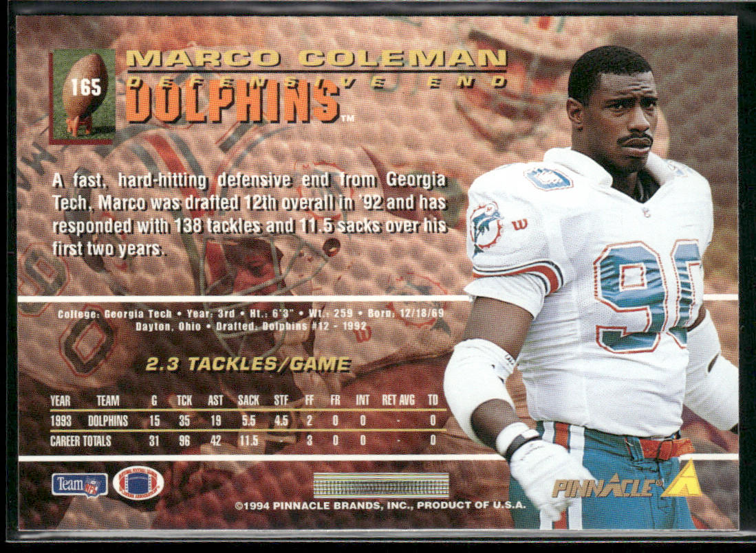 Marco Coleman 1994 Pinnacle #165 Miami Dolphins