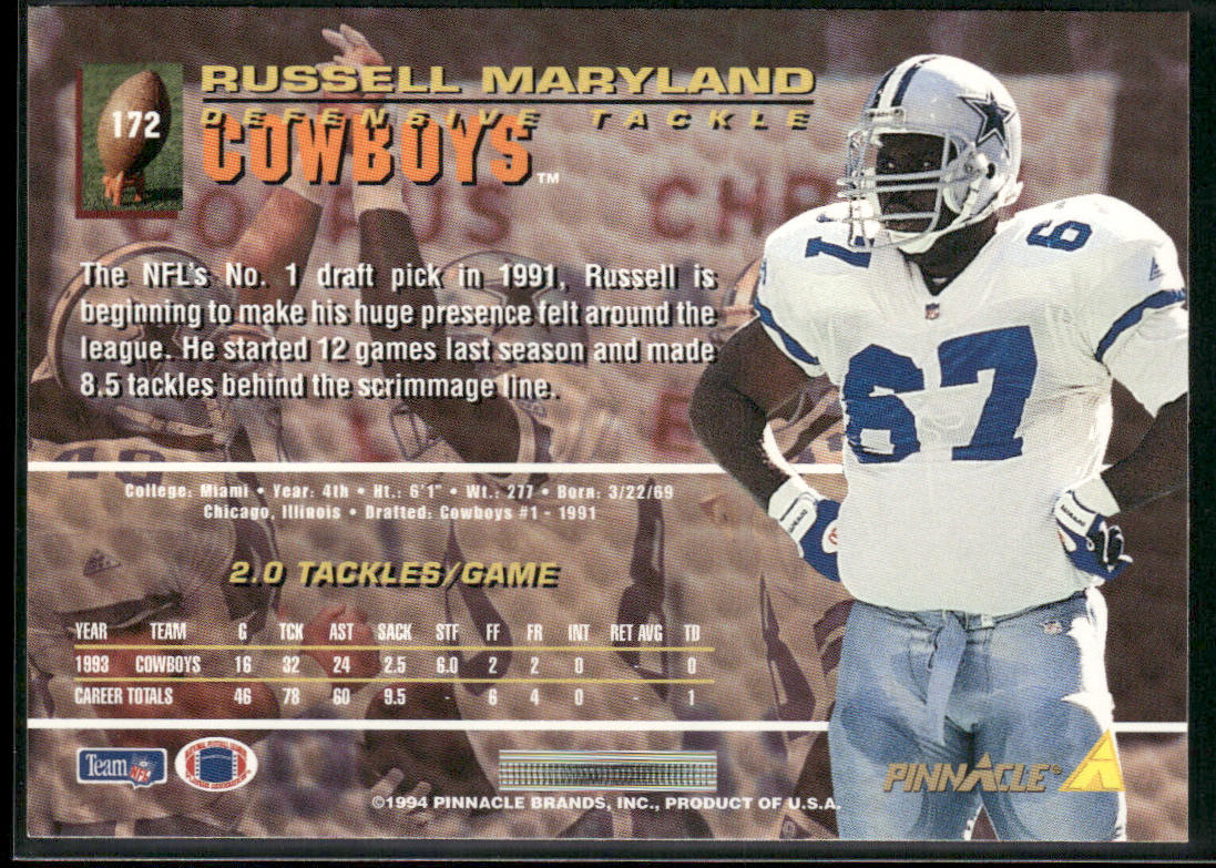 Russell Maryland 1994 Pinnacle #172 Dallas Cowboys