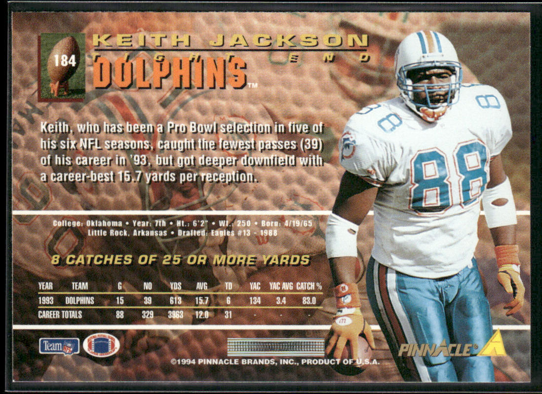 Keith Jackson 1994 Pinnacle #184 Miami Dolphins