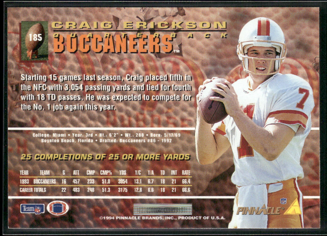 Craig Erickson 1994 Pinnacle #185 Tampa Bay Buccaneers