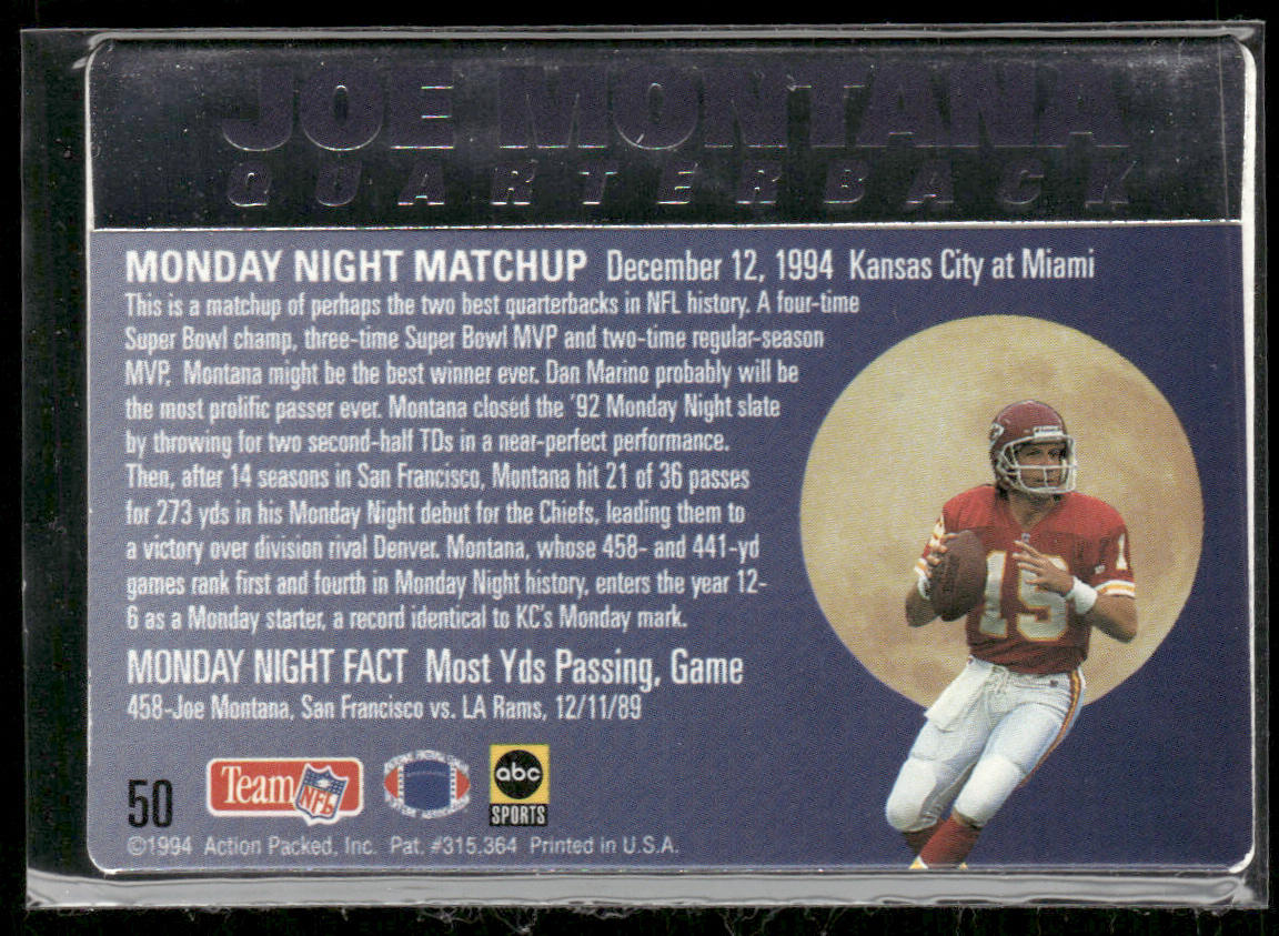 Joe Montana 1994 Action Packed Monday Night Football #50 Kansas City Chiefs