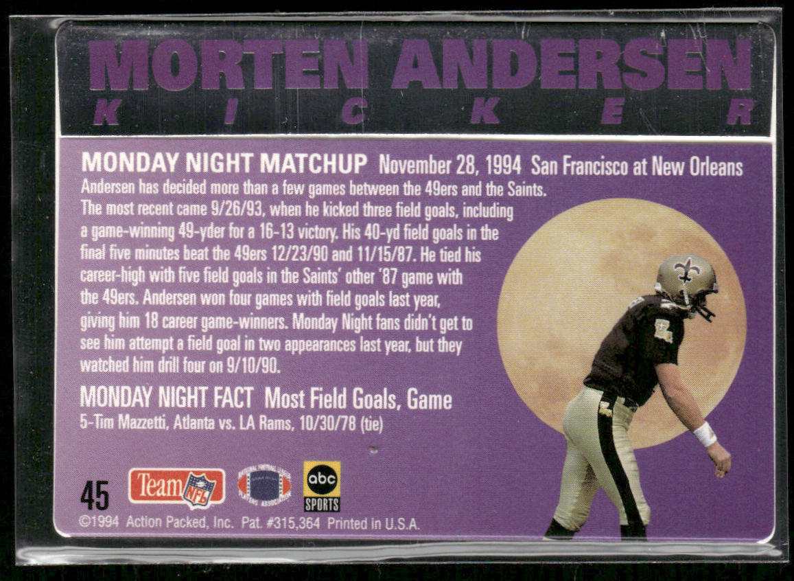 Morten Andersen 1994 Action Packed Monday Night Football #45 New Orleans Saints
