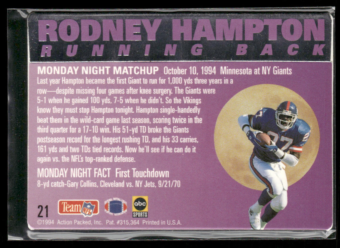 Rodney Hampton 1994 Action Packed Monday Night Football #21 New York Giants